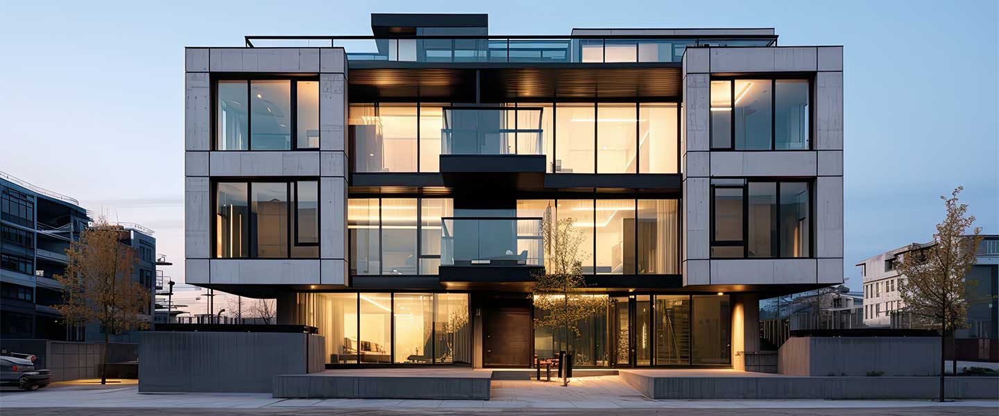 Modern multi-storey apartment building at dusk