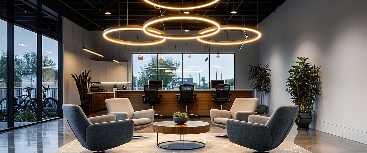 Commercial lounge interior with ring pendant lighting