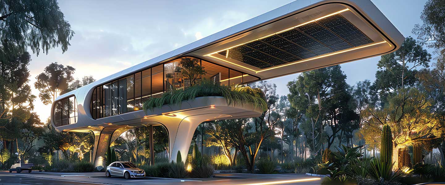 Curved modern building exterior lit at dusk